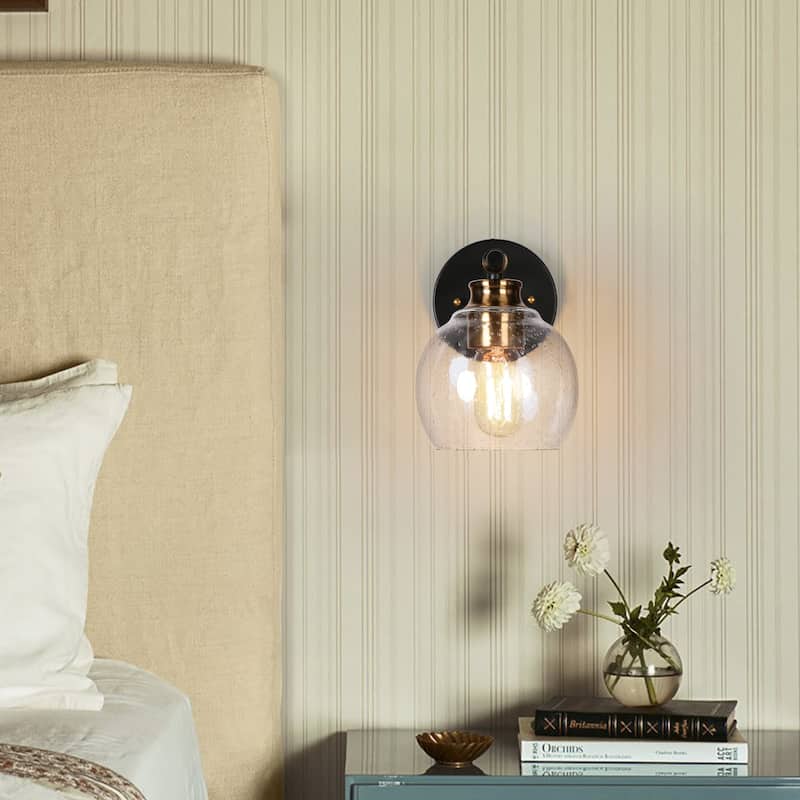 Iain Modern Black Gold 1-Light Seeded Glass Wall Sconce Bathroom Vanity Light