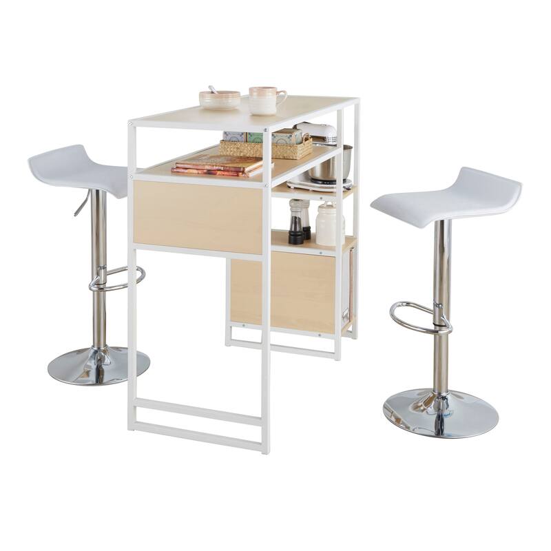 The Gray Barn Morello Upholstered 3-Piece Bar Set with Storage Space - White Faux Leather/Natural Wood/White Metal