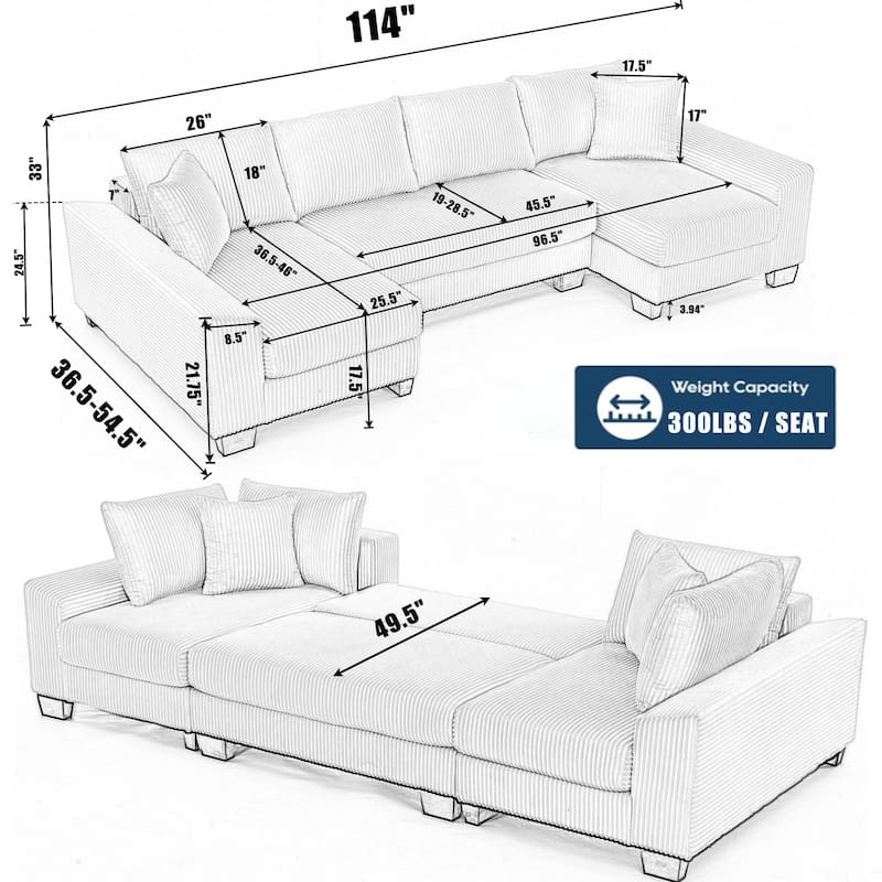 114" U-Shaped Corduroy Pull Out Sleeper Bed Sofa Chaise with Pillows