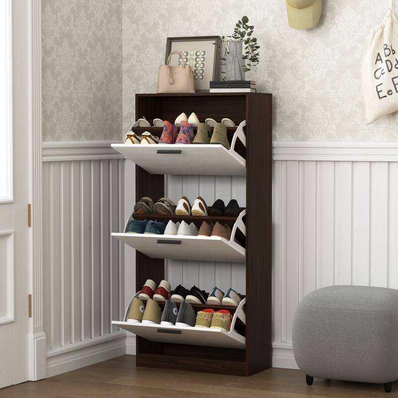 Shoe Storage Cabinet with 3 White Panel Flip Drawers, Freestanding Organizer for Entryway, Narrow Shoe Rack Cabinet