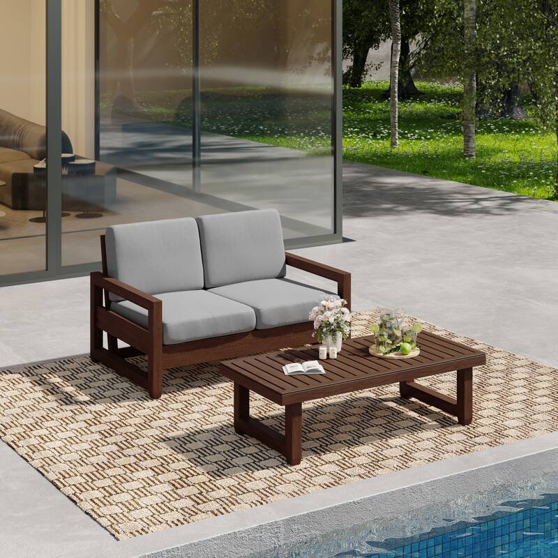 Outdoor Patio Loveseat Table Set Teak Wood with Cushion