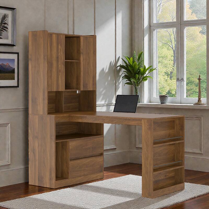 L Shaped Computer Desk with LED Light and Power Outlets, Corner Desk with Drawers Bookshelf for Home Office