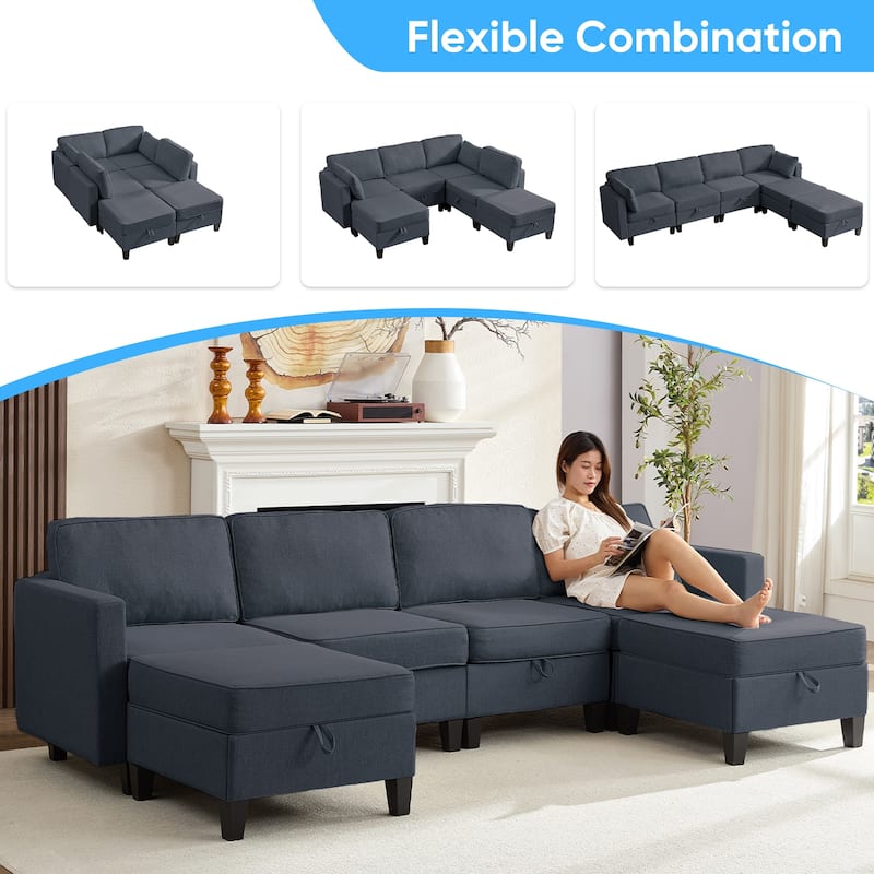 Mixoy Flexible Combination Reversible 4-Seater Modular Sofa with Ottomans,Linen Convertible Sleeper Sofa Bed with Storage Space