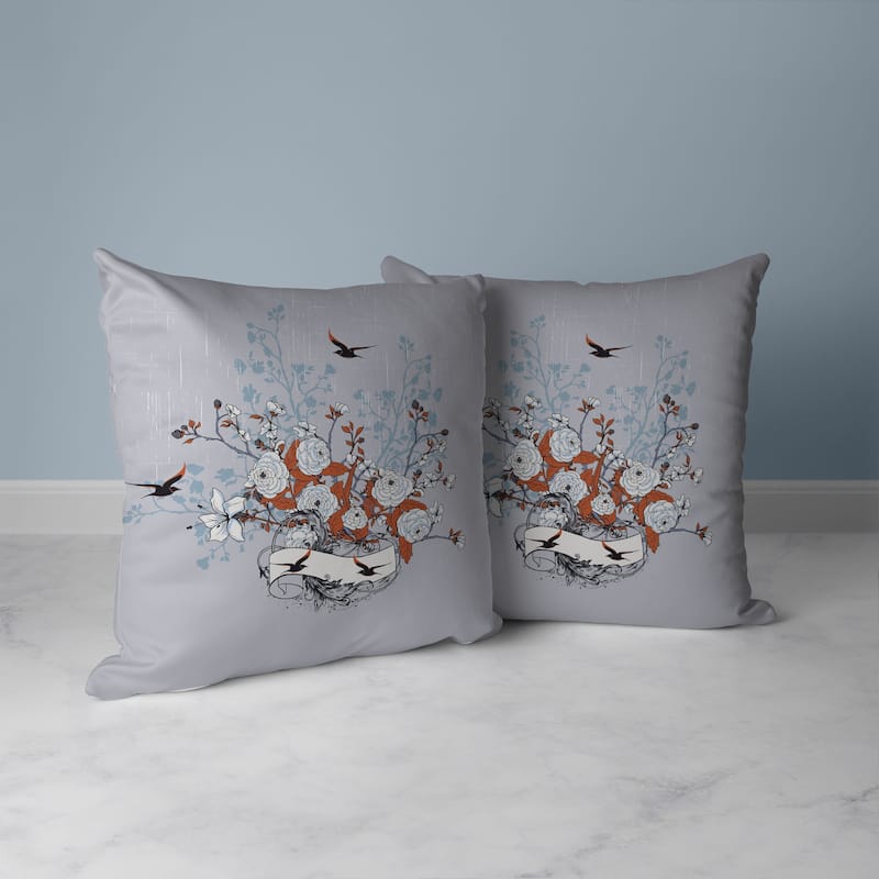 Elegant Floral Bouquet Faux Suede Reversible Throw Pillow Gray and Orange
