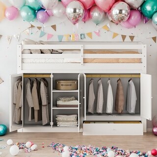 Twin Size Loft Bed With Drawer,Two Wardrobes and Mirror,Solid Construction