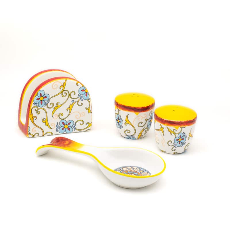 Euro Ceramica Duomo 4 Piece Table Accessory Set - Salt & Pepper Shaker & Spoon Rest & Napkin Holder - 12 in. x 6 in. x 6.7 in.