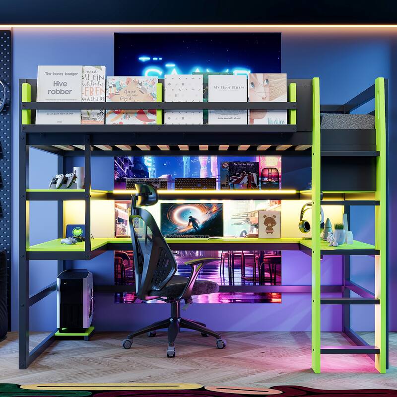 Loft Bed with Wraparound Study Hub, Side Storage Rack, USB Charging & RGB Light by Harper&Bright Designs