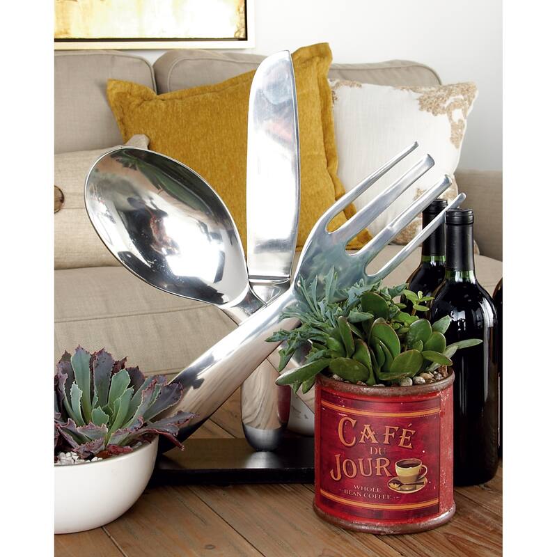 Aluminum Metal Utensils Sculpture with Black Base - Silver - Roche River Decor - 4"W x 13"L x 17"H