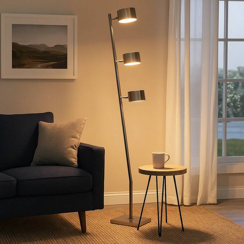 60 Inch Floor Lamp, 3 Drum Metal Shades, Modern Style, Silver Frame