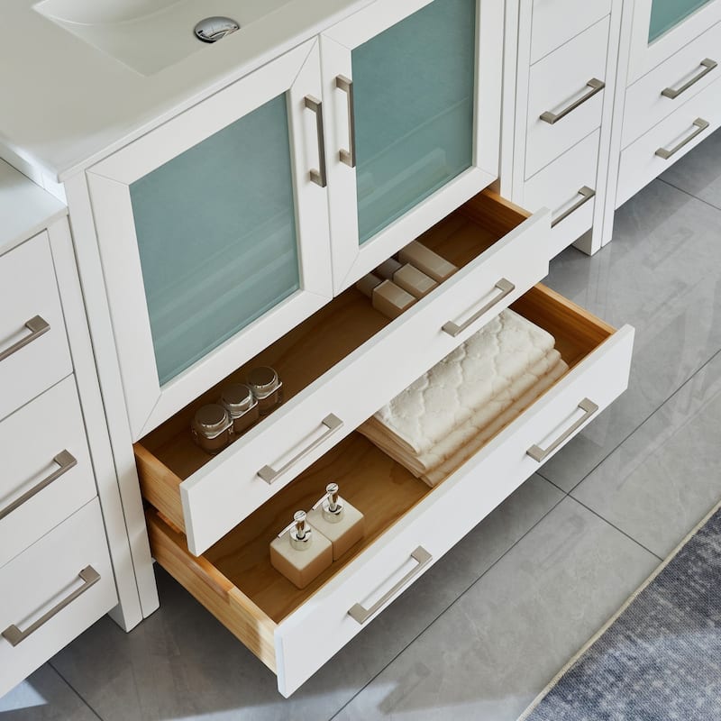Vanity Art 84" Double Sink Bathroom Vanity Set 7 Dove-Tailed Drawers, 3 Cabinets, 2 Shelves, Soft-Closing Doors with Free Mirror