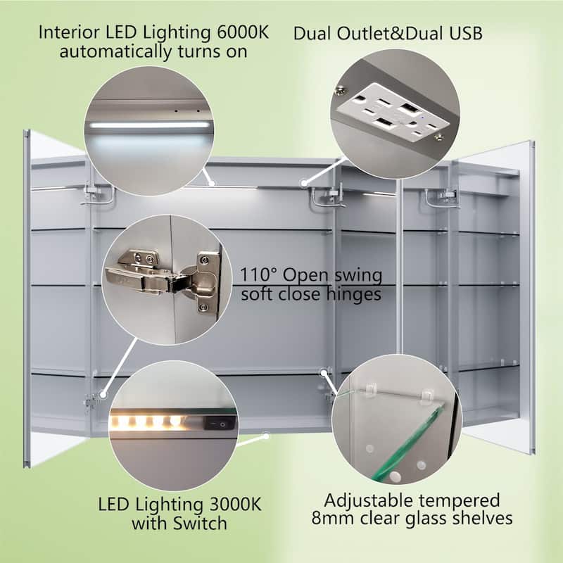ExBrite LED Lighted Bathroom Medicine Cabinet with Mirror, Recessed or Surface