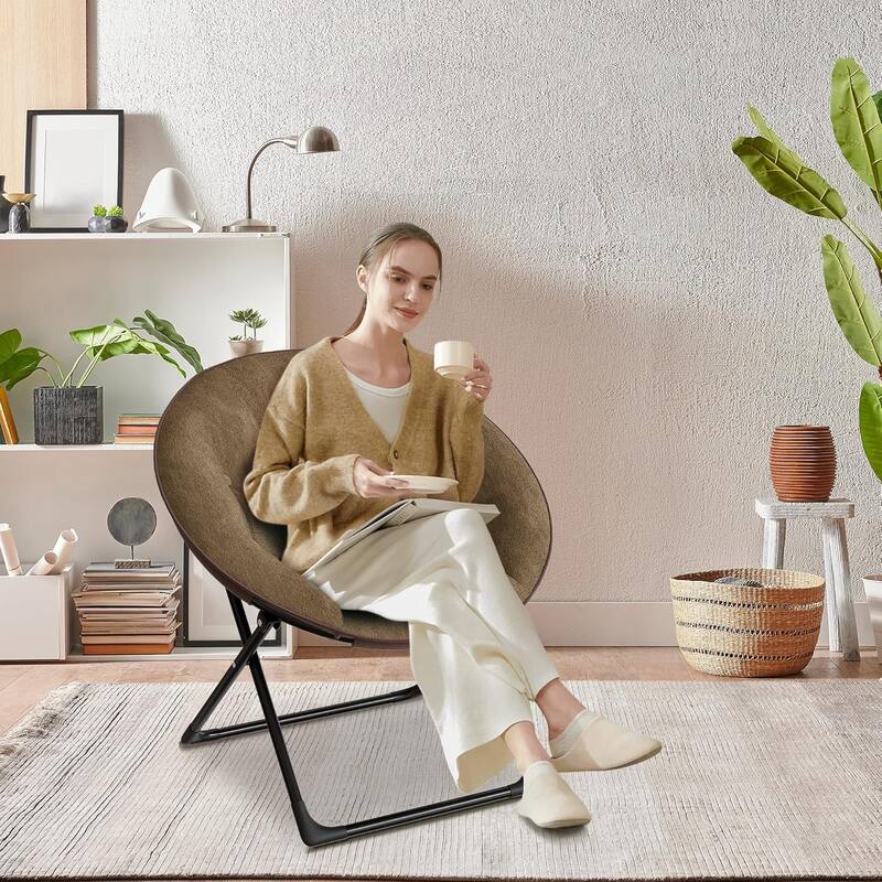 Comfy Folding Saucer Chair for Bedroom, Faux Fur Lounge Moon Chair with Sturdy Metal Frame, Oversized Plush Flower