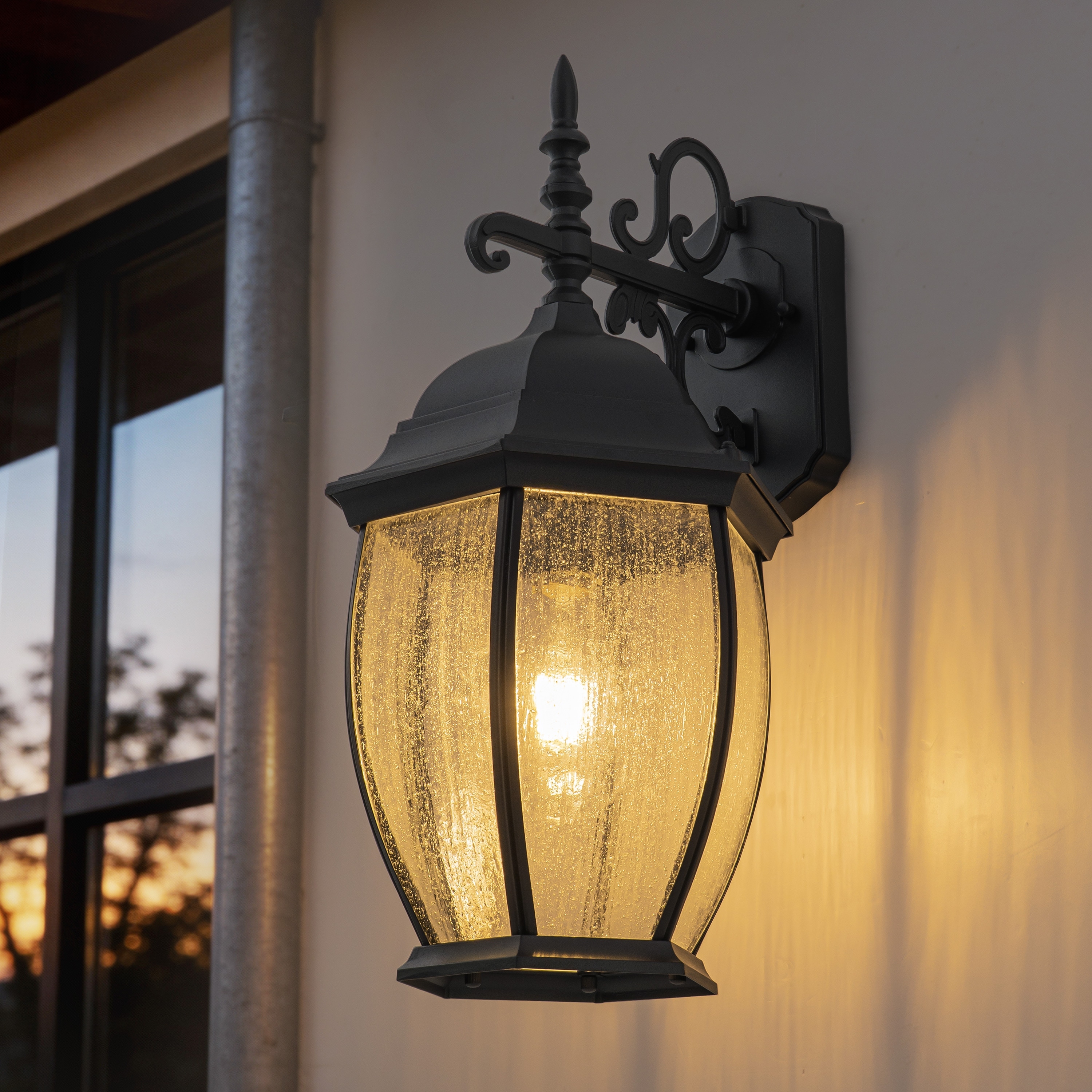 C Cattleya Matte Black Aluminum Outdoor Wall Sconce with Seeded Glass