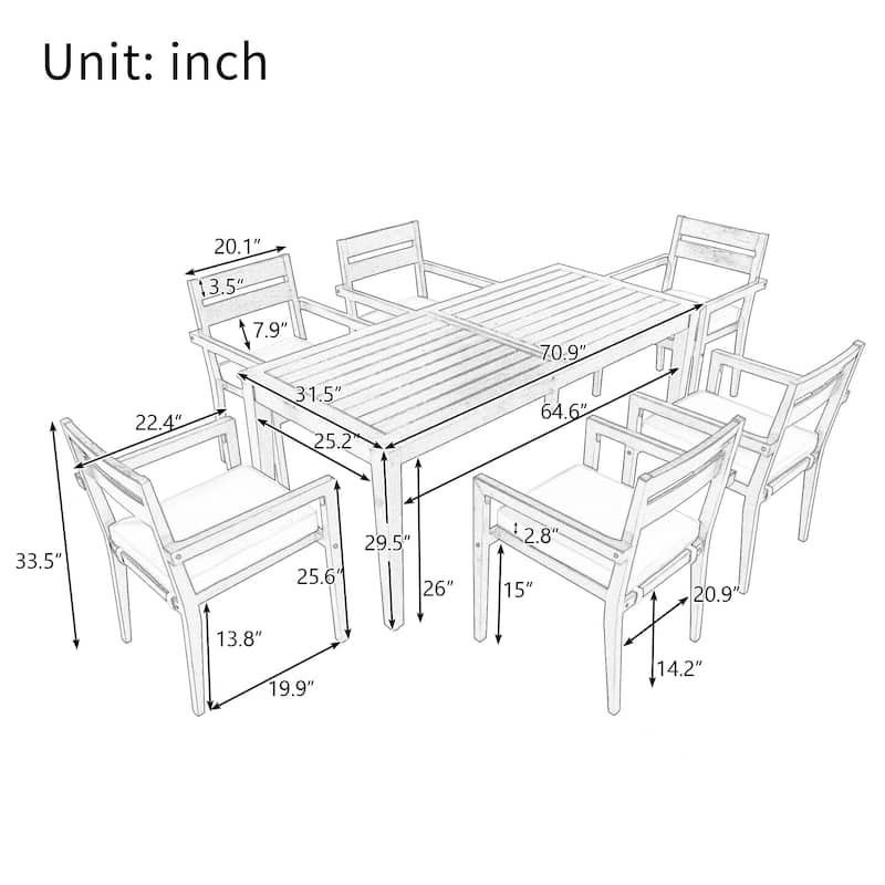 7-Piece Acacia Wood Outdoor Dining Table And Chairs with Cushion Suitable For Patio, Balcony Or Backyard