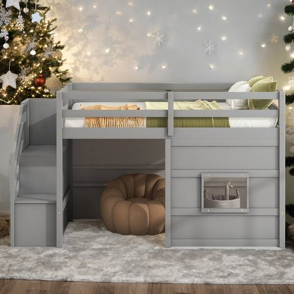 slide 2 of 15, Modern Playful Design Twin Size Loft Bed With Storage Staircase And Window for Bedroom Grey