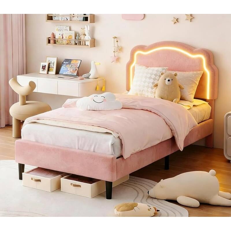 Twin Size Upholstered LED Platform Bed Frame with Bear-Shaped Headboard for Kids - Pink