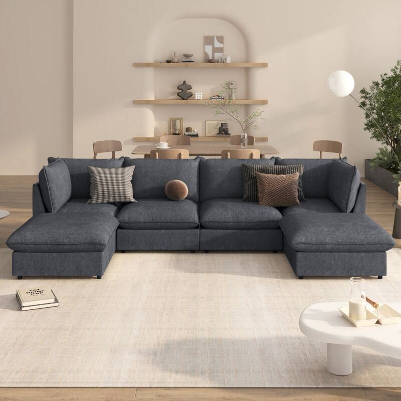 Modern Large U-Shape Sectional Sofa, 2 Large Chaise with Removable Ottomans - Grey