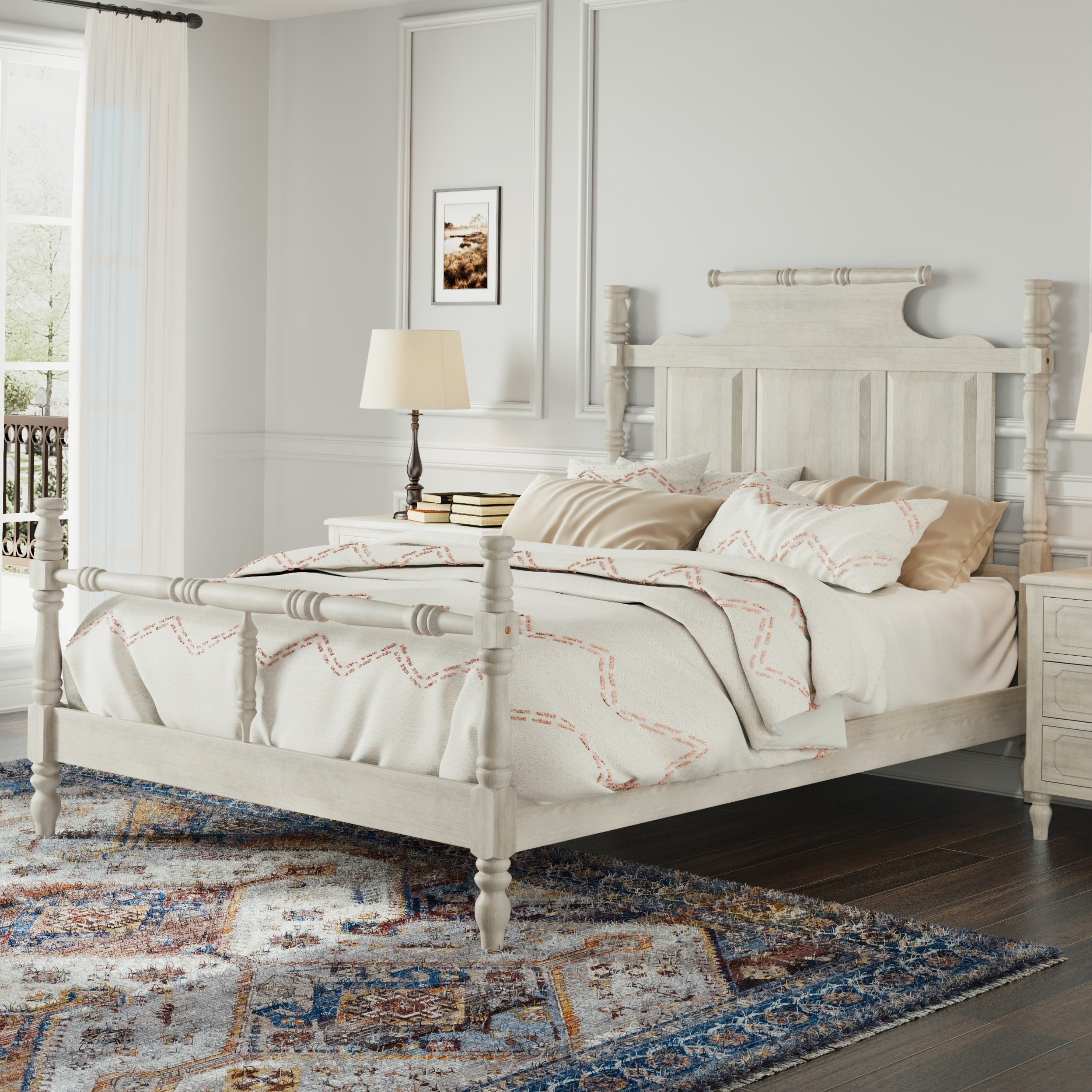 White King Size Pine Wooden Four Poster Platform Bed with 56.9 inch High Crown like Headboard