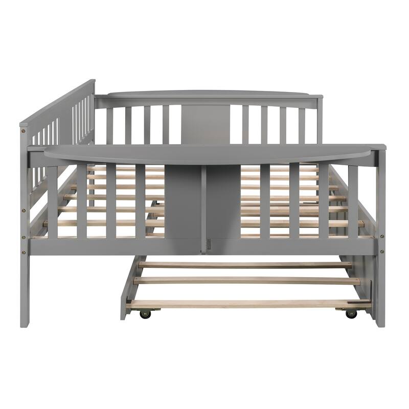 Twin/Full Size Daybed with Trundle Bed, Wooden Sofa Bed for Kids' Rooms and Guest Rooms, Sturdy Pine Wood Frame