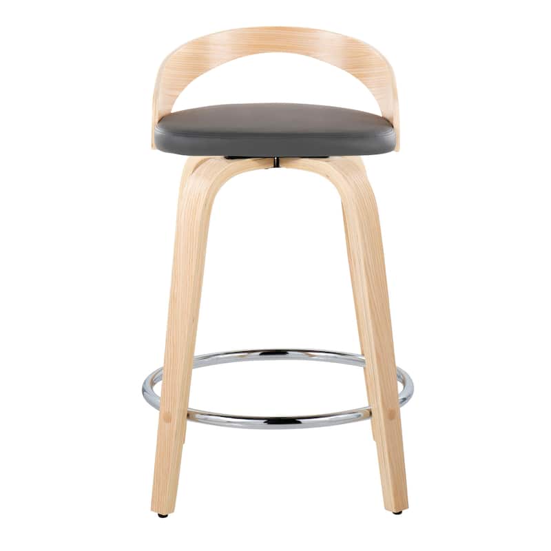 Carson Carrington Stavanger 24" Fixed-Height Counter Stool with Bent Wood Legs & Round Footrest (Set of 2) - Grey PU/Natural Wood/Chrome