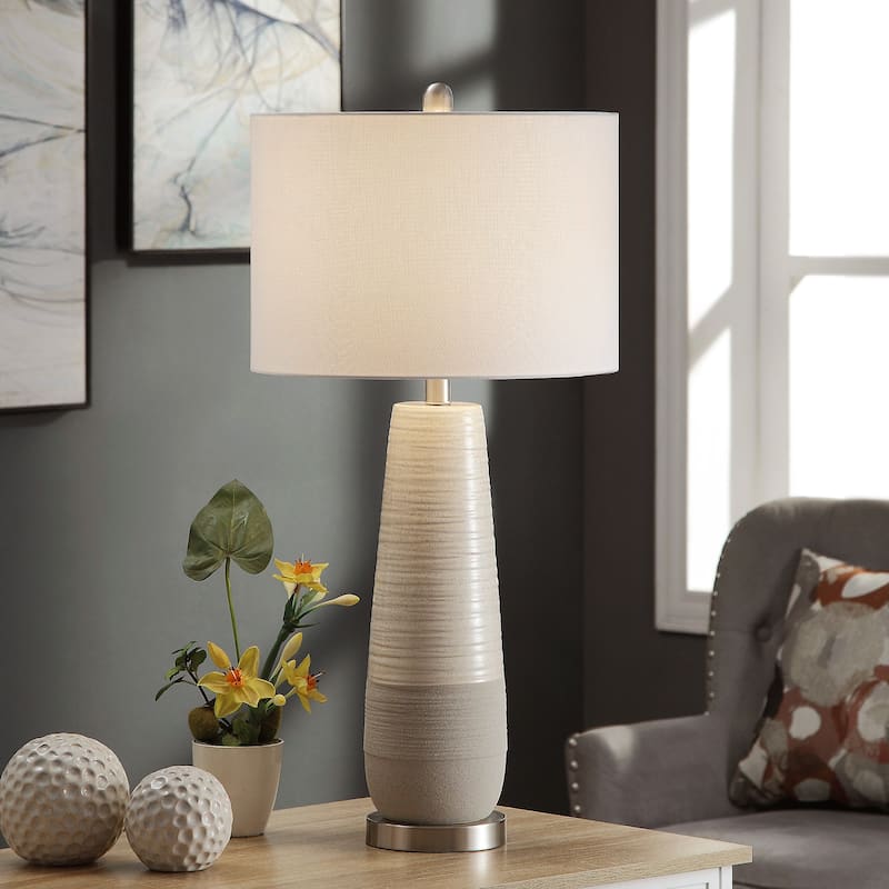 Evian - Two-Tone Ceramic Table Lamp - Speckled Cream, Greige Finish - Brushed Silver Base - White Linen Shade - Silver