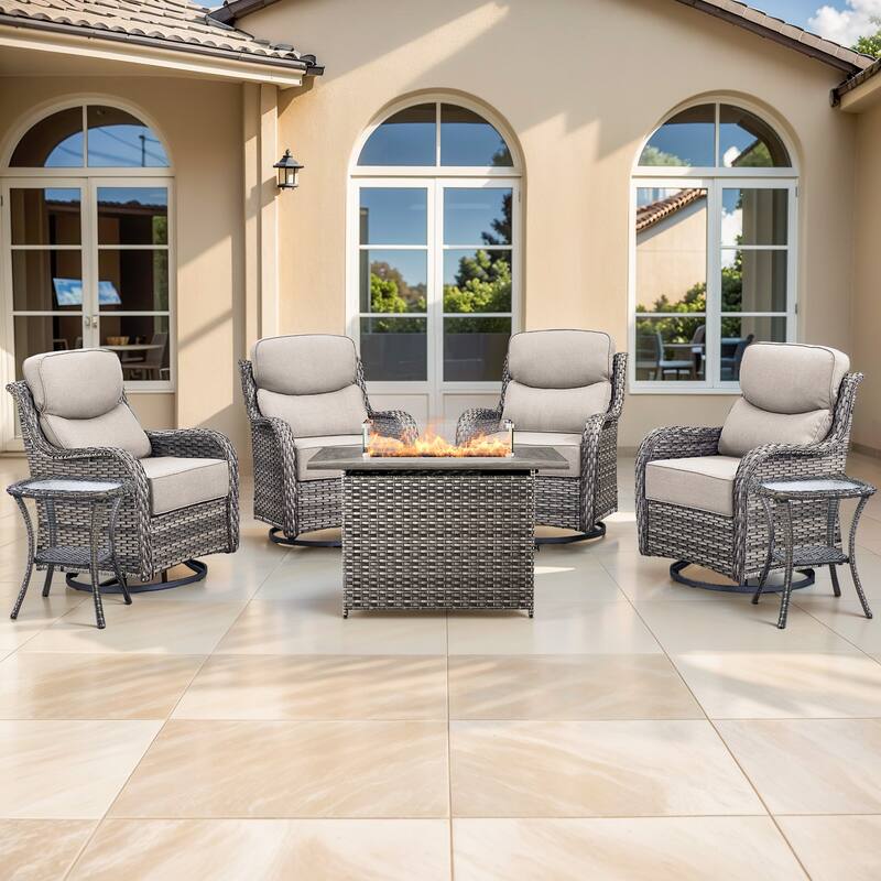 Pocassy Outdoor 6 Inch Sofa Swivel Chairs with Fire Pit Table Set - Grey Wicker Beige Cushion - 7 Pieces Swivel Chair Table with Fire Table
