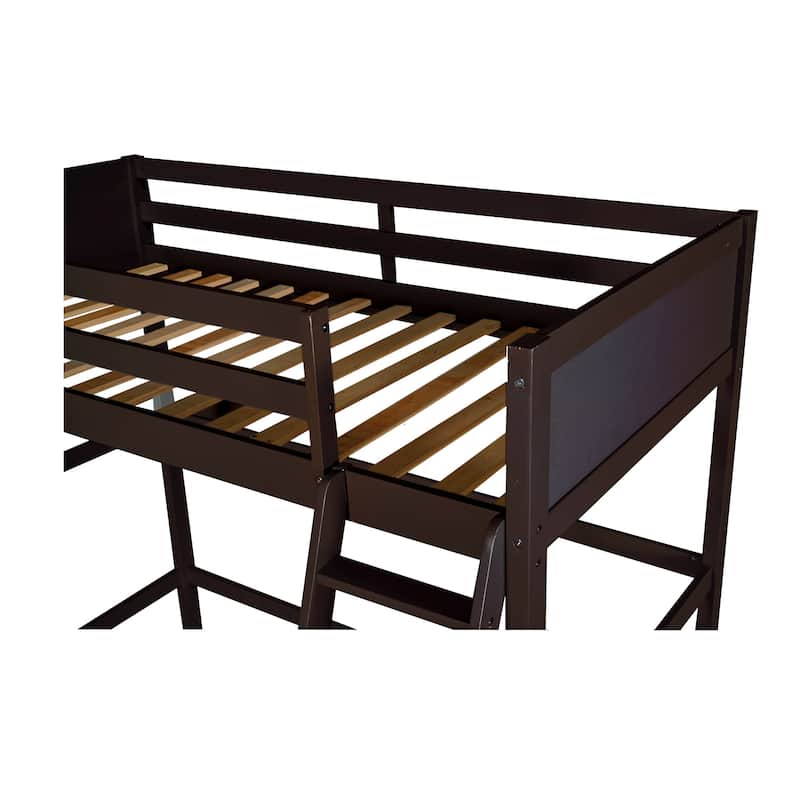 Modern Simple Style Twin Size Solid Pine Wood Loft Bed with Full Length Guardrail and Inclined Ladder