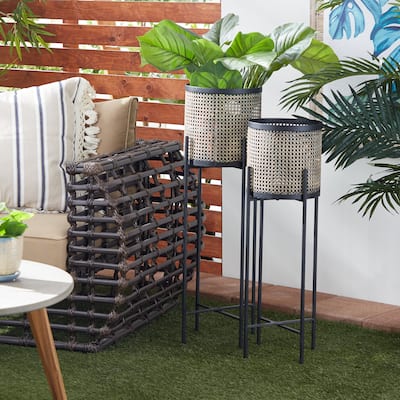 Gold Metal Indoor Outdoor Planter with Removable Stand (Set of 2)