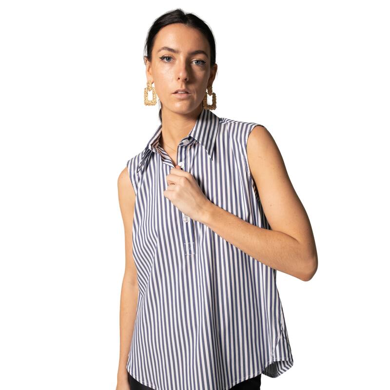 The Olivia Sleeveless Blue Stripe Blouse in Italian Cotton