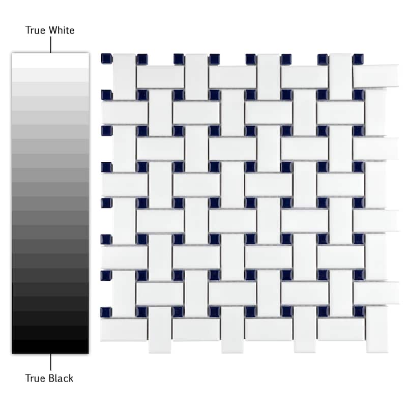 Merola Tile Metro Basketweave White w/ Glossy Cobalt Dot 11-3/4" x 11-3/4" Porcelain Mosaic Floor and Wall Tile