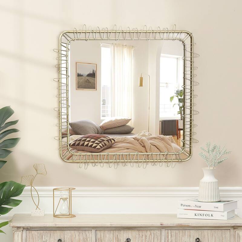 Gold Metal Frame 30.2-In Square Accent Wall Mirror, Bathroom Wall Mirror - 30.23" H x 30.23" W x 0.98" D