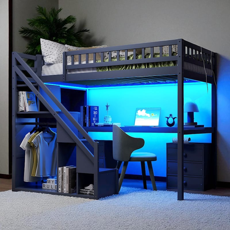 Twin/Full Loft Bed with Desk, 2 Storage Drawers, LED Light Strip, Side Stairs, Study & Space-Saving Design