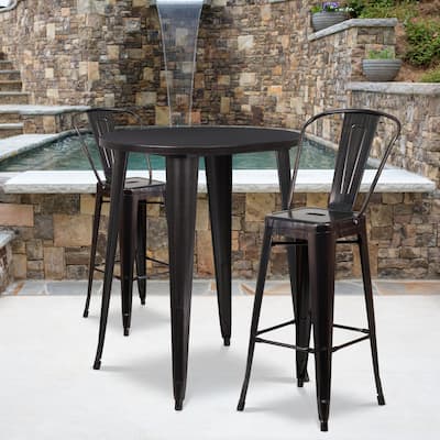 30'' Round Metal Indoor-Outdoor Bar Table Set with 2 Cafe Stools - 30"W x 30"D x 41"H