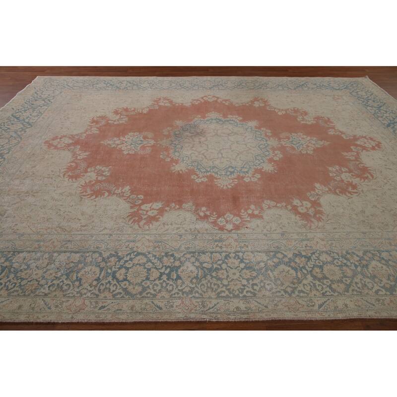 Distressed Kerman Persian Antique Area Rug Hand-knotted Wool Carpet - 9'8" x 12'7"