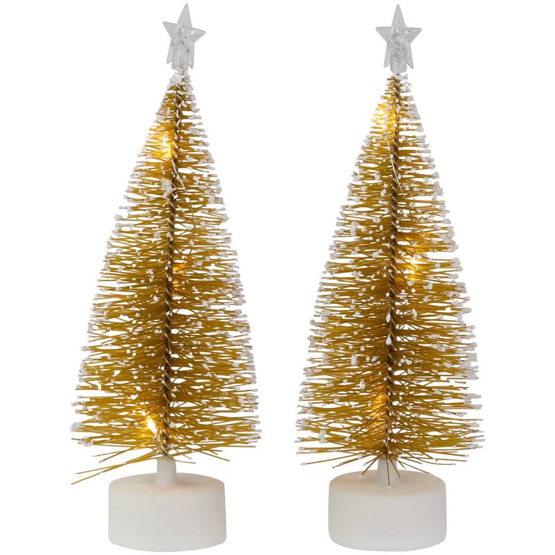 Set of 2 LED Pre-Lit Mini Bottle Brush Pine Christmas Village Trees - 7"