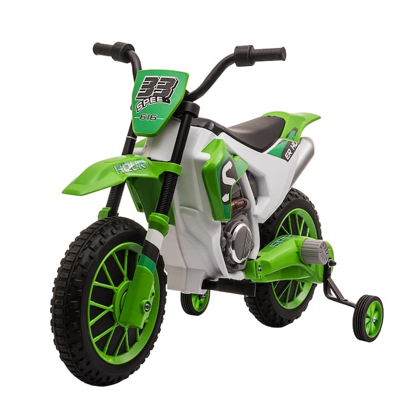 Motorcycle Dirt Bike Electric Battery-Powered Ride-On Toy Off-road Street Bike with Charging Battery, Training Wheels Green