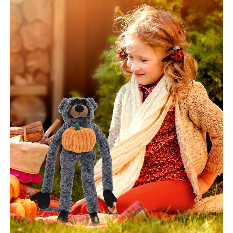 DolliBu Soft Long Arms Black Bear Stuffed Animal with Pumpkin Decor - 21 inches