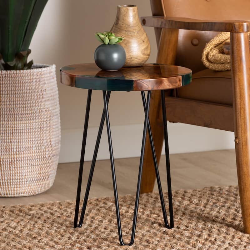 Anan Teak Wood Epoxy Resin End Table - Round Live Edge Side Table with Black Metal Legs, Handcrafted Modern Rustic Accent Table