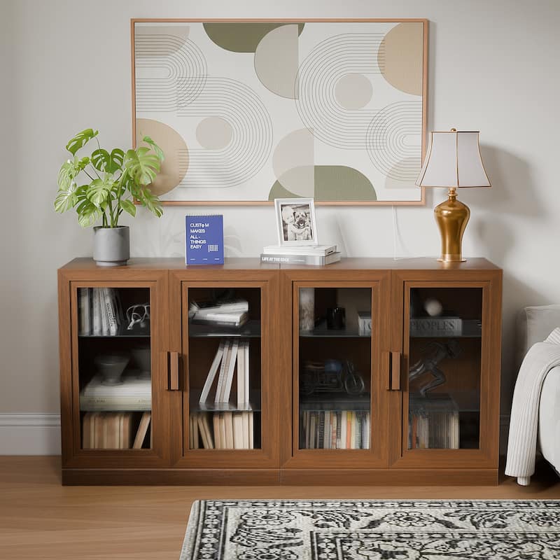 3-Set Glass Door Sideboard Buffet Storage Cabinets with Adjustable Shelves - 93"Lx31"H