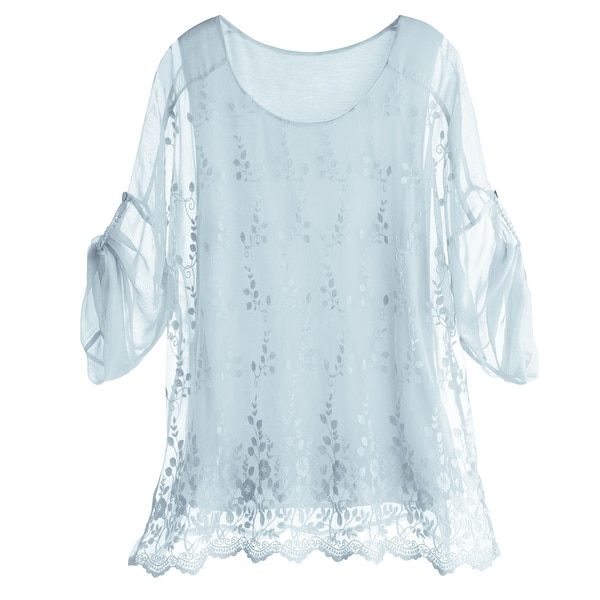 Women's Tunic Top - Embroidered Scallop Hem Light Blue 3/4 Sleeve Shirt