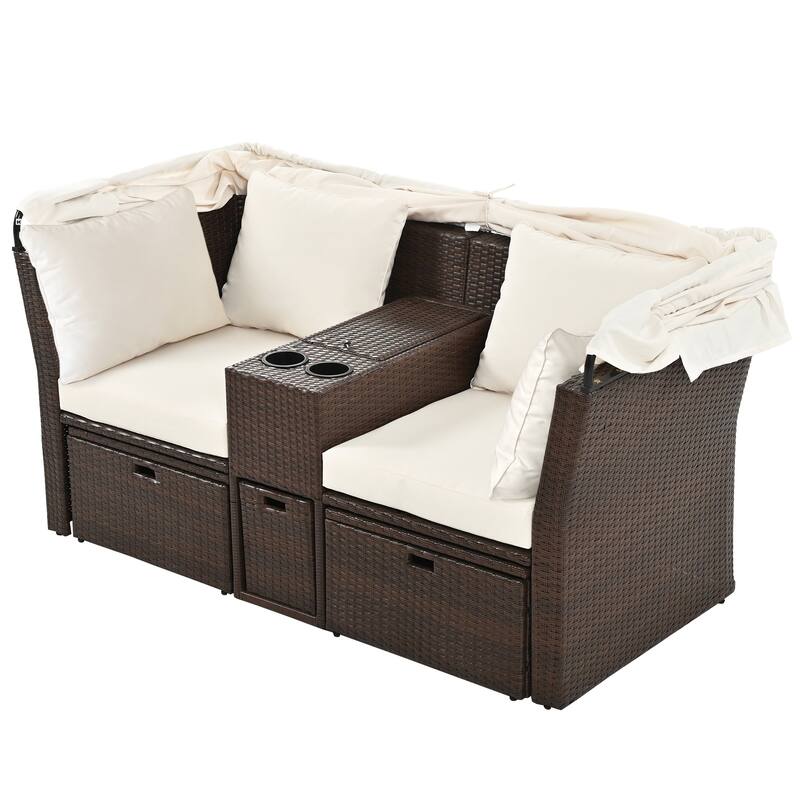 Convertible Outdoor Patio Daybed Loveseat Sofa Set with Retractable Canopy and Central Console