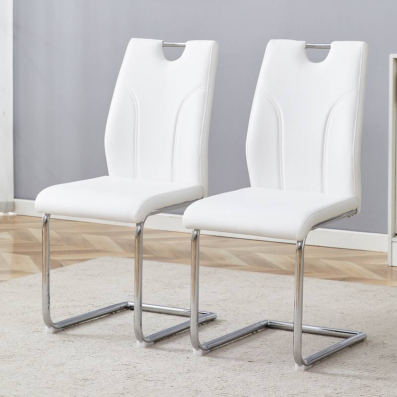 PU Dining Chair Set – Sleek Metal Legs, Versatile for Office, Kitchen, or Restaurant Use. - White+Silver - Set of 2