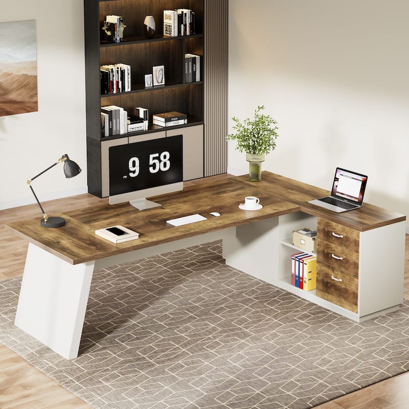 L-shaped Executive Computer Desk with Drawers and Lateral File Cabinet for Office - Brown+White