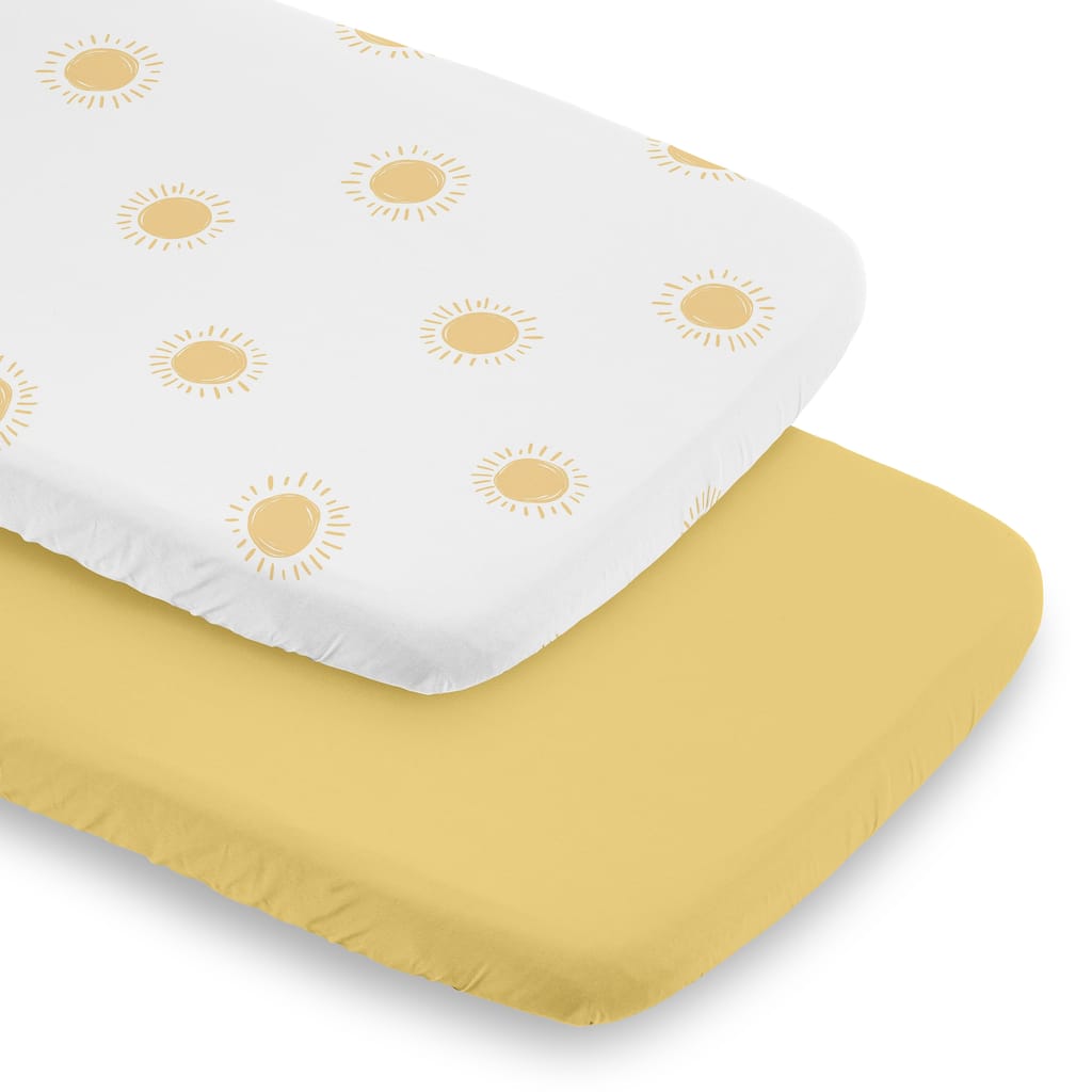 Sweet Jojo Designs White and Yellow Boho Sun Boy, Girl, Unisex/Gender Neutral 2 Pack Baby Bassinet Fitted Sheets - Solid Mustard