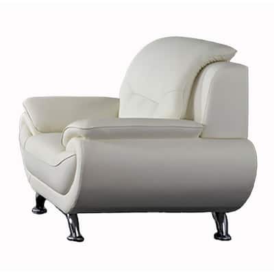Deni 48 Inch Accent Sofa Chair, Tufted Ivory Real Leather, Chrome Metal