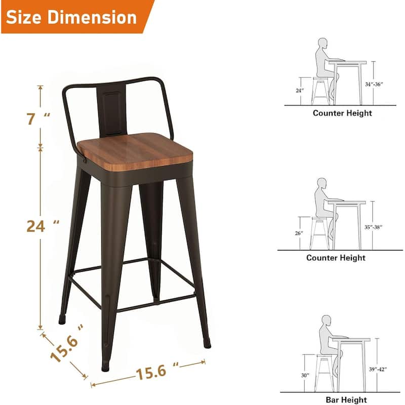 Counter Stools with Metal Frame Counter Height Bar stools with Low Back 24" Kitchen Bar Furniture Stools with Wooden Seat