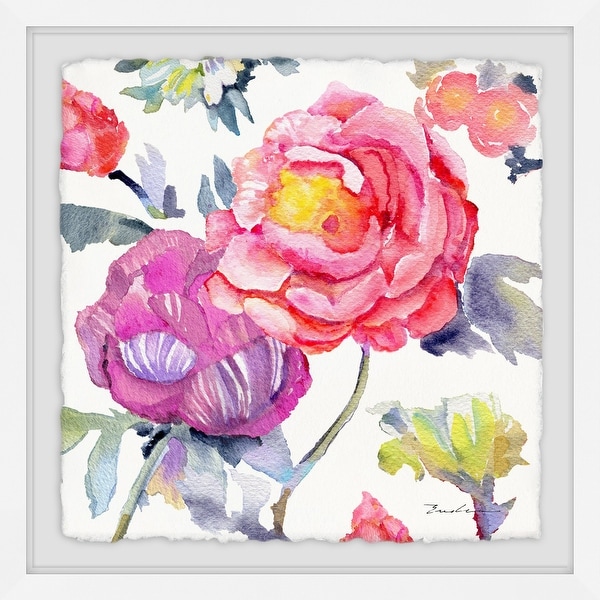 Marmont Hill MH-MWW-EVELIA-04-WFPFL-18 18" x 18" "Big Rose and Mr. Stripy" Framed Giclee Painting on Paper by Evelia - Pink