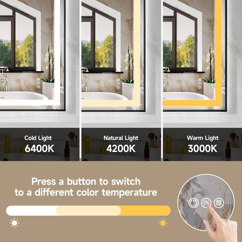 Modern LED Bathroom Mirror with Adjustable Color Temperature and Anti-Fog Dimmable Light - 40” x 32” x 0.16”