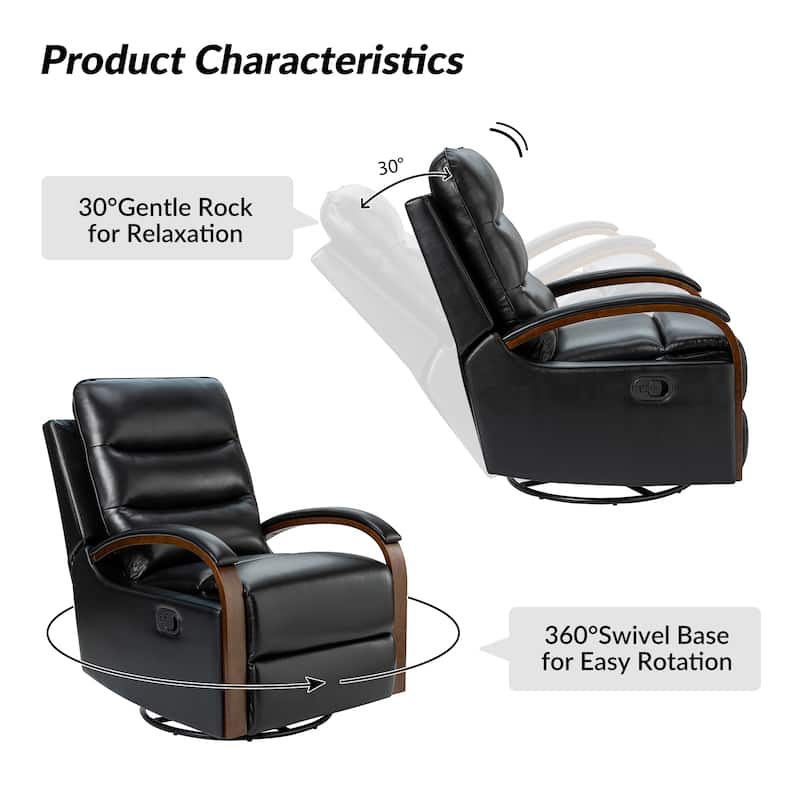 Leopold Modern Genuine Leather Swivel Rocking Manual Recliner Chair with Wooden Arm Accents by HULALA HOME