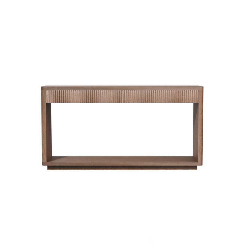 60" Modern 2-Drawer Fluted Console Table Natural Wood Veneer Sofa Table Behind Couch Table for Living Room, Hallway, Entryway